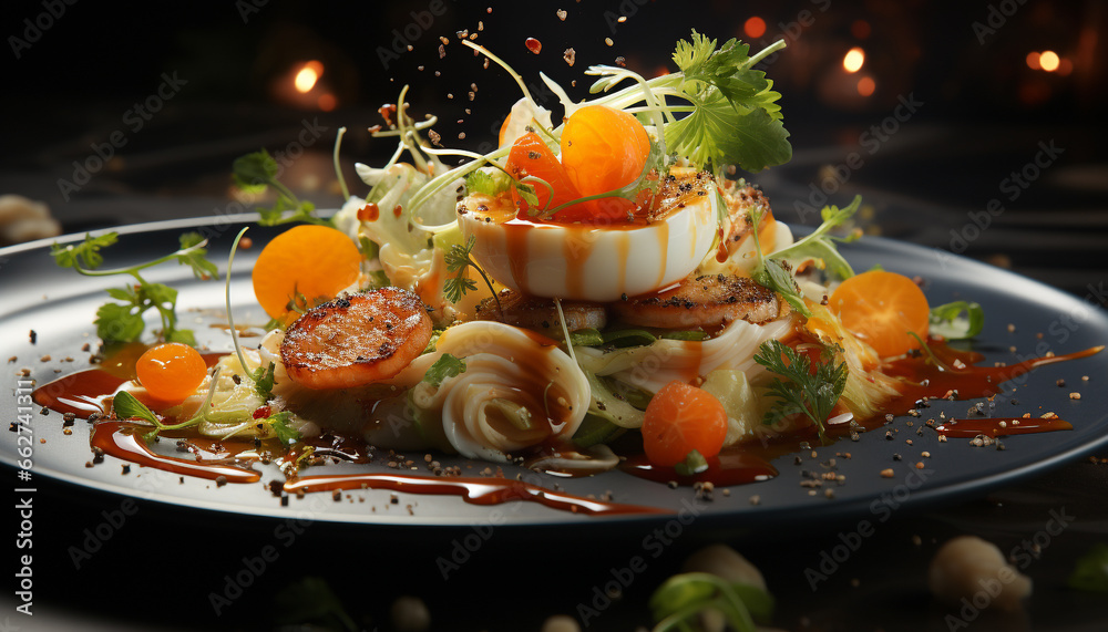 Freshness on a plate gourmet salad, grilled seafood, healthy eating generated by AI