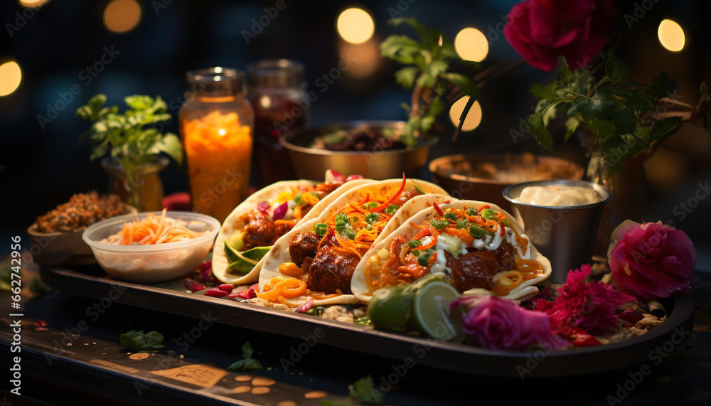 Freshness and spice on a plate, grilled meat and guacamole generated by AI