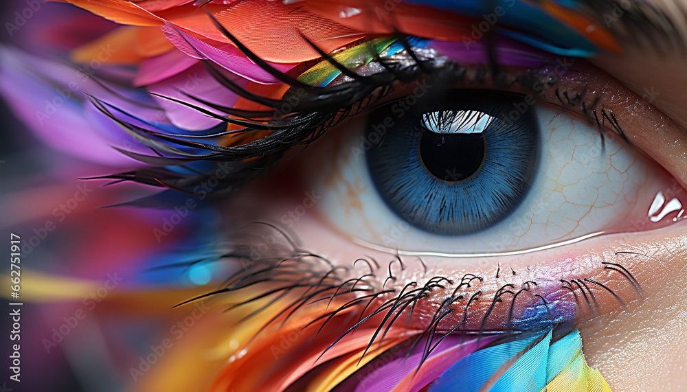 Vibrant colors of a peacock feather enhance the beauty of eyes generated by AI