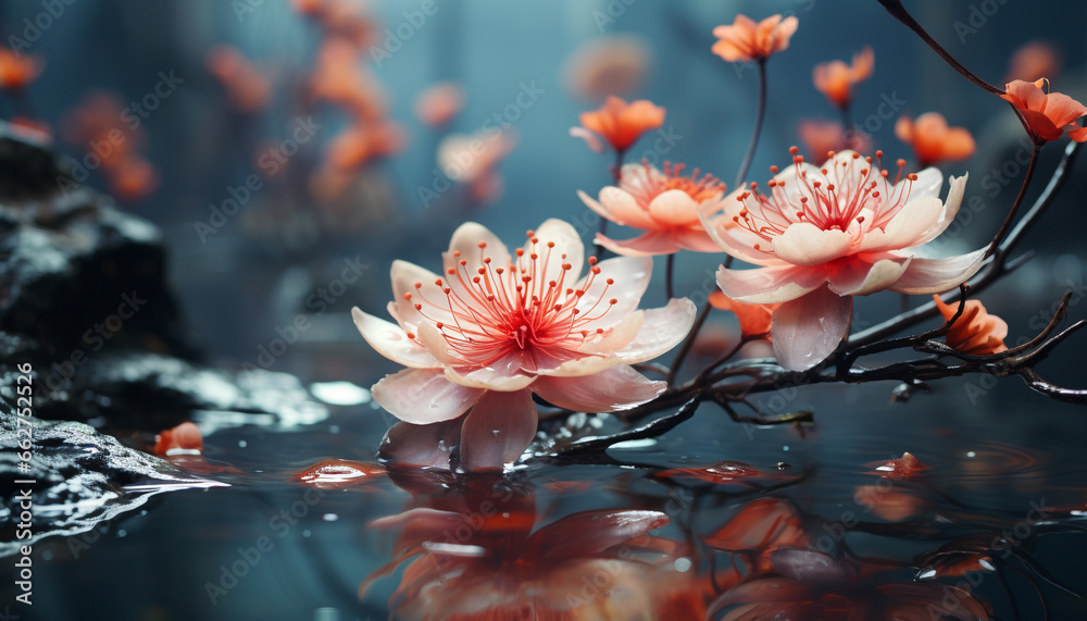 A single flower blossoms in a tranquil pond, reflecting natural beauty generated by AI