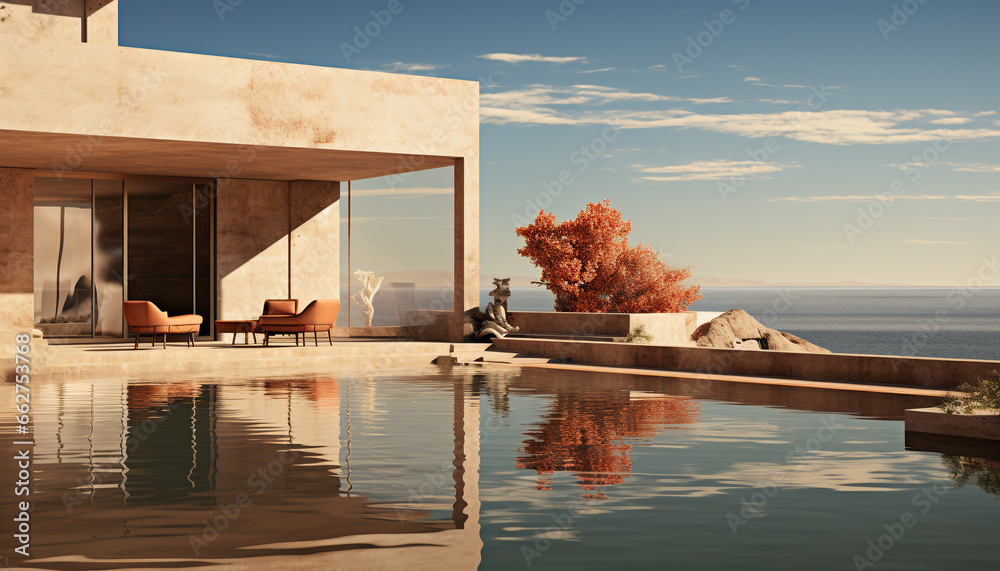 Modern architecture reflects in the tranquil poolside with luxurious chairs generated by AI