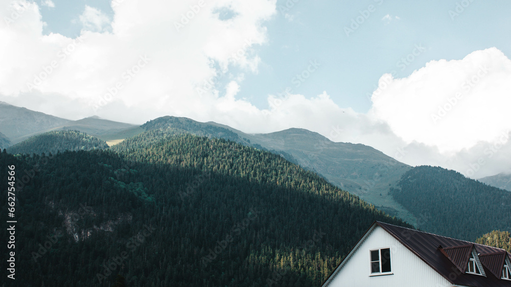 The roof of the house on the background of the mountains in a minimalist style