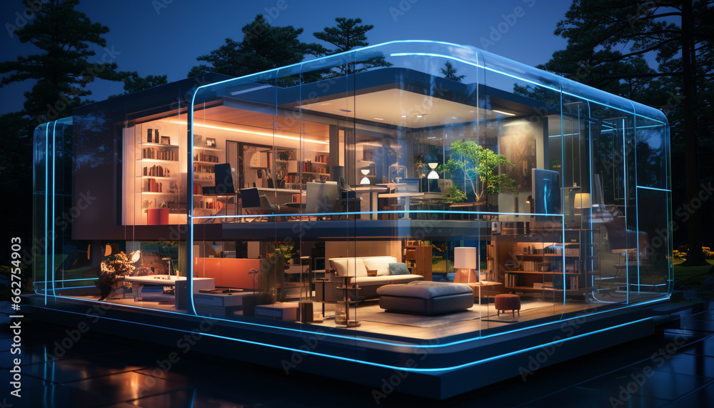 Modern indoors at night, architecture table, window glass reflection domestic room generated by AI