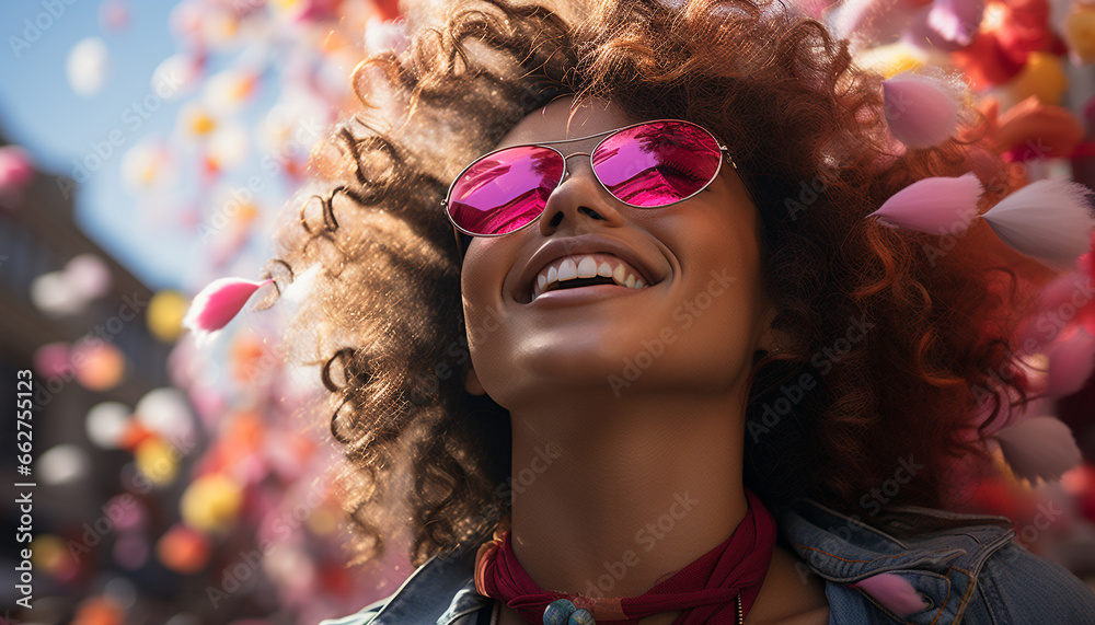 Smiling women, adult sunglasses, cheerful happiness, beauty, one woman generated by AI