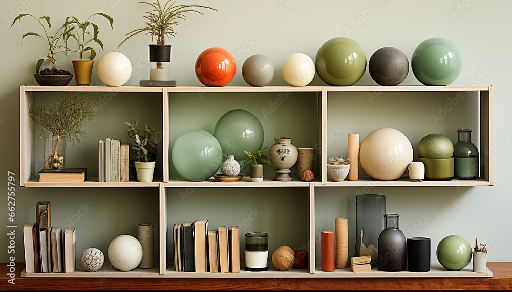 Wooden bookshelf with a large collection of pottery and ceramics generated by AI