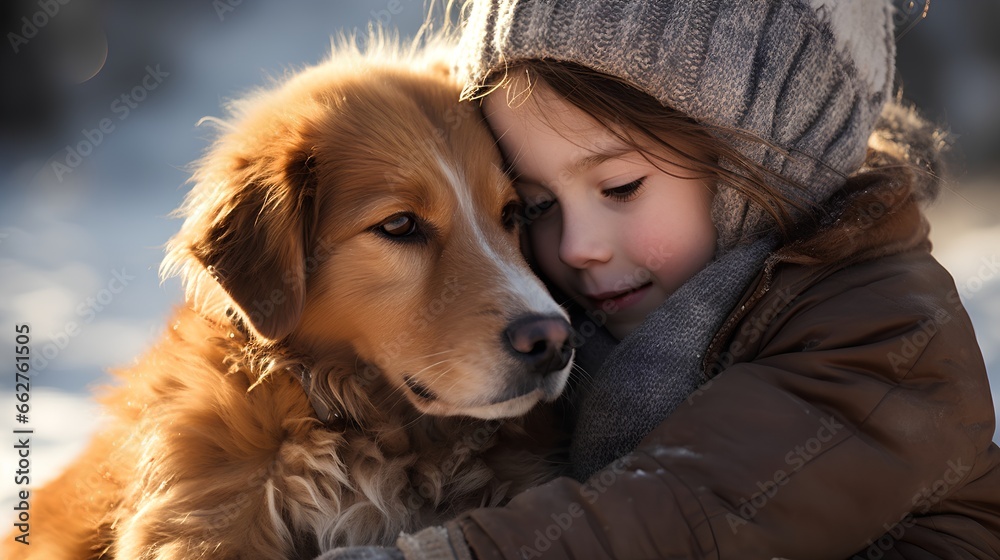 Therapy dog providing emotional and mental support to a child dealing with psychological ADHD, anxiety, or depression. The dogs calming presence helps child cope with their mental health struggles.