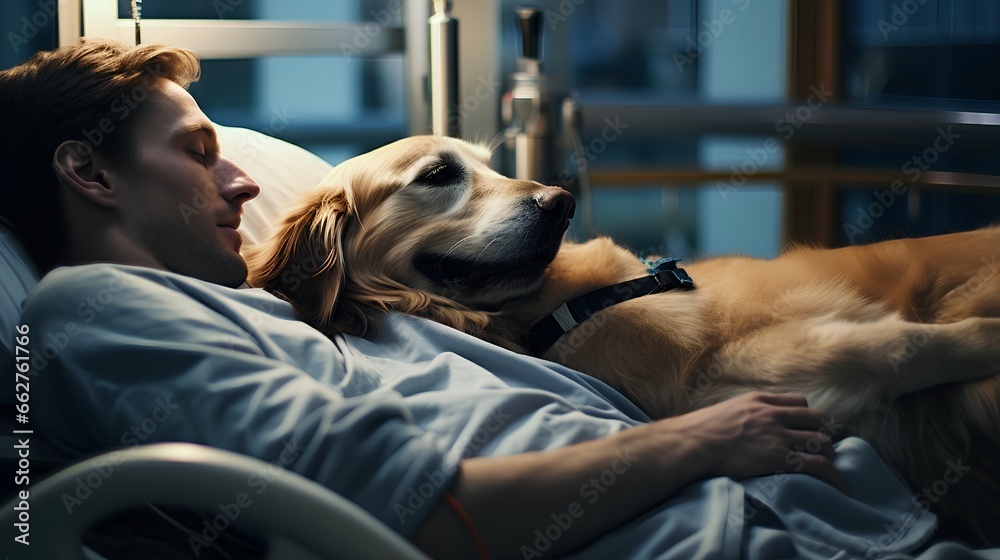 Loyal dog as emotional and mental support to hospital patient. Strong friendship offers support and psychological assistance. Therapeutic benefits of animal companionship in healthcare settings.