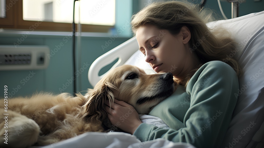 Loyal dog as emotional and mental support to hospital patient. Strong friendship offers support and psychological assistance. Therapeutic benefits of animal companionship in healthcare settings.