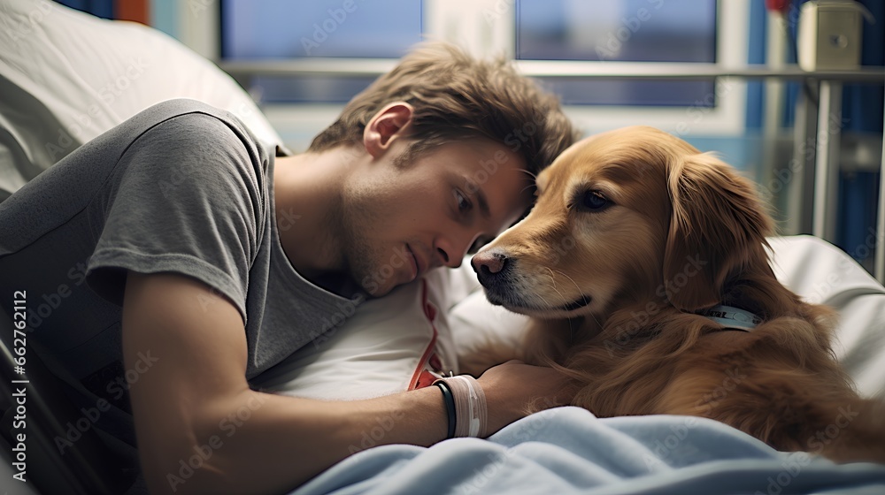 Loyal dog as emotional and mental support to hospital patient. Strong friendship offers support and psychological assistance. Therapeutic benefits of animal companionship in healthcare settings.