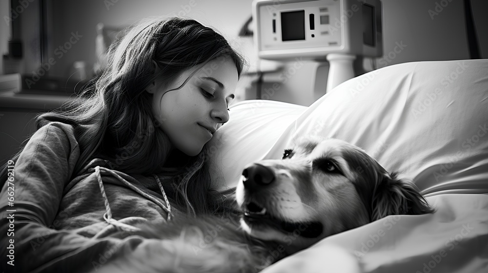 Loyal dog as emotional and mental support to hospital patient. Strong friendship offers support and psychological assistance. Therapeutic benefits of animal companionship in healthcare settings.