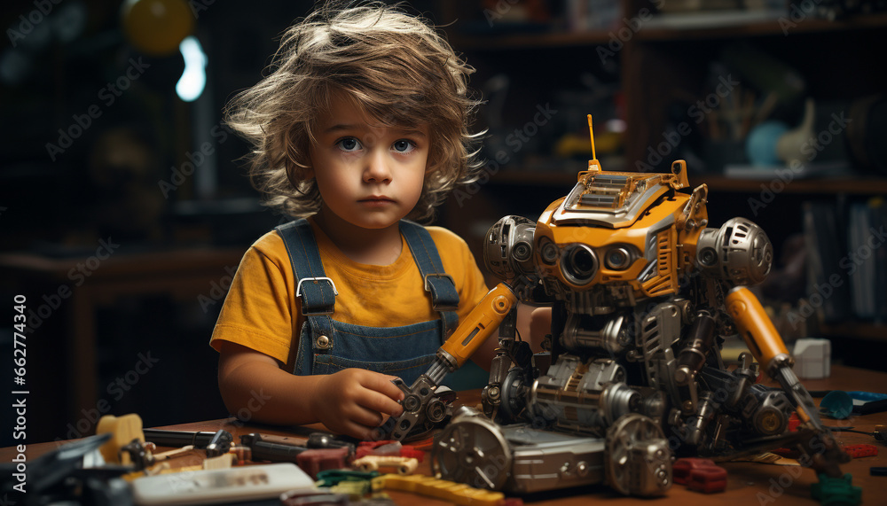 Cute Caucasian child working with small wrench, repairing machinery indoors generated by AI