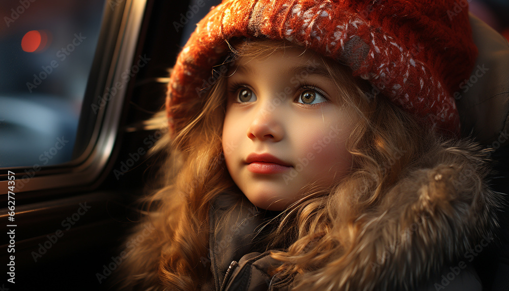 Cute caucasian child smiling, looking at camera in winter portrait generated by AI