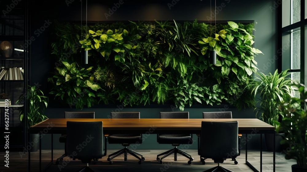 Modern corporate office space with green walls. Sustainable and nature friendly environment. The office design reflects the companys commitment to ecology practices and a healthy work atmosphere.