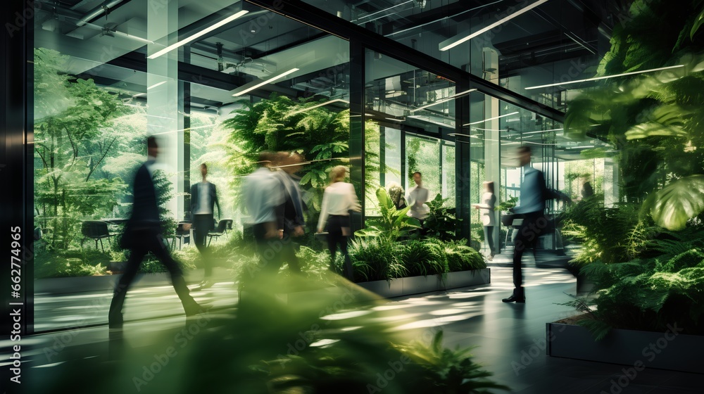 Office space with lush green plants. Sustainable and nature friendly corporate environment. Workspace for business productivity and employee wellbeing. Environmental responsibility in business, ESG