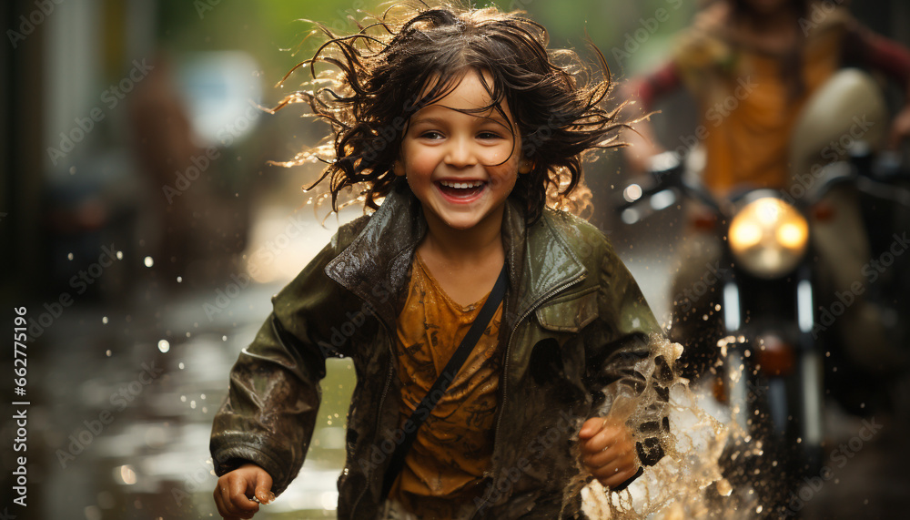 A cheerful girl, with curly brown hair, smiling in the rain generated by AI