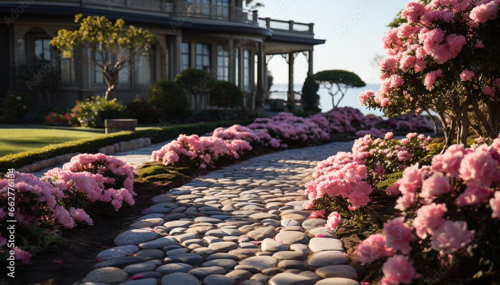 Beauty in nature  pink blossoms, purple hydrangeas, and green grass generated by AI