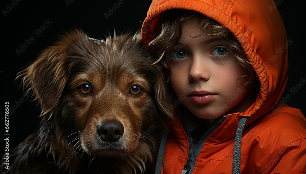 Cute dog portrait, child and animal, looking at camera generated by AI