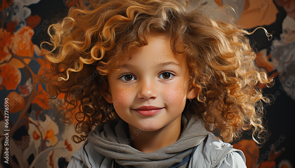 Smiling portrait of a cute child with curly hair looking at camera generated by AI