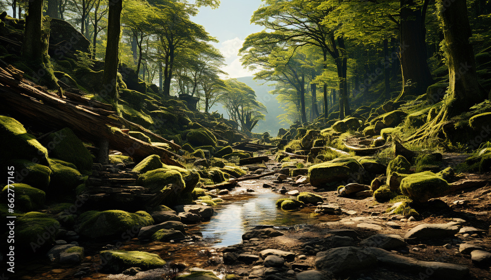 Tranquil scene of a lush green forest with flowing water generated by AI