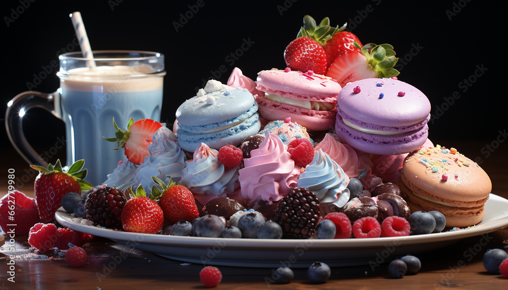 Fresh strawberry dessert on a wooden table, a gourmet indulgence generated by AI