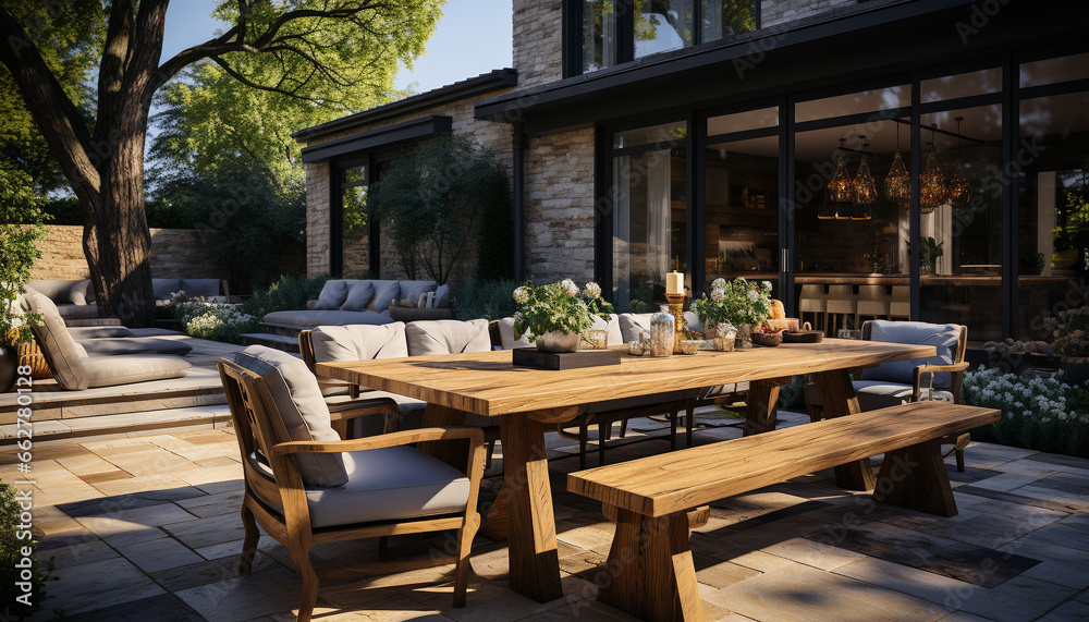 Wooden chair in modern architecture, surrounded by nature formal garden generated by AI