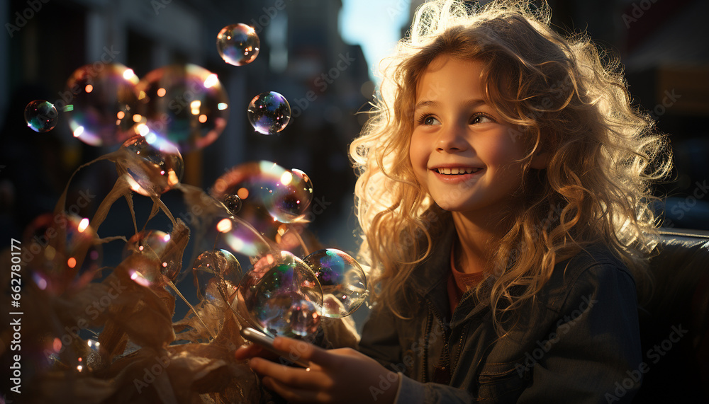 Smiling child playing, cute and cheerful, blowing bubbles with joy generated by AI