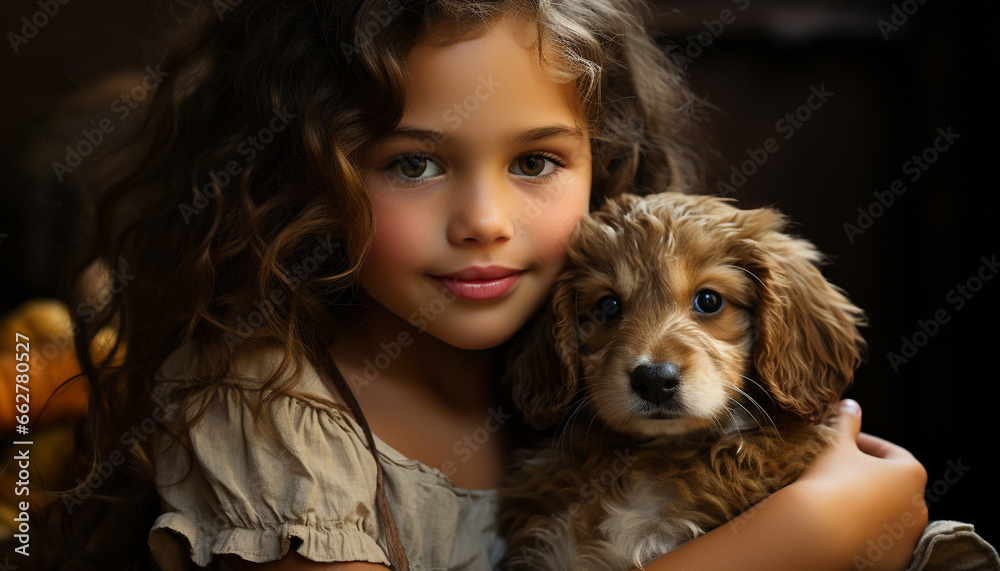 Cute dog and child, pets in small portrait, smiling friendship generated by AI