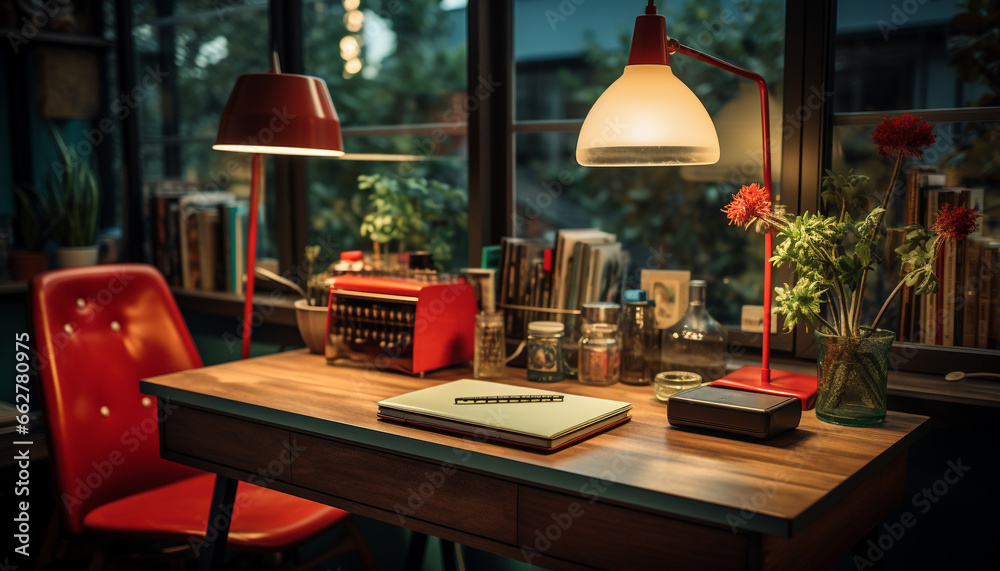 Cozy home office with old books, wooden desk, and lamp generated by AI