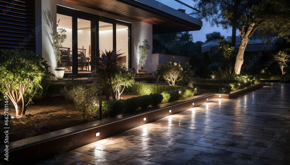 Modern architecture illuminates dusk with luxurious flooring and illuminated windows generated by AI