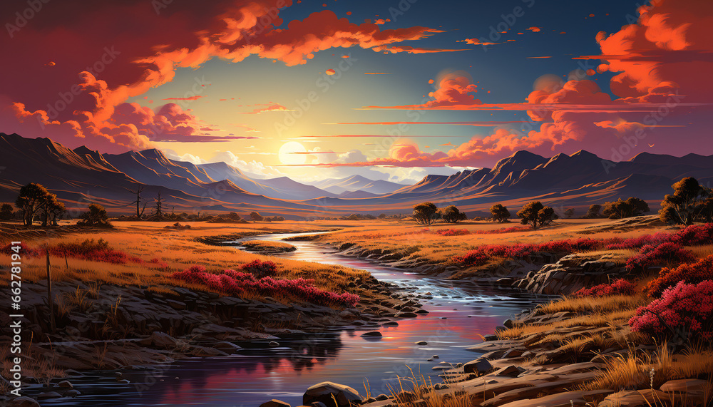 Majestic mountain peak reflects tranquil sunset on grassy meadow generated by AI