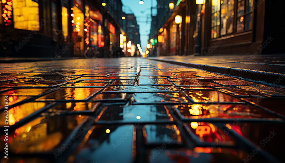 Night architecture illuminated by window light, wet streets reflect city life generated by AI