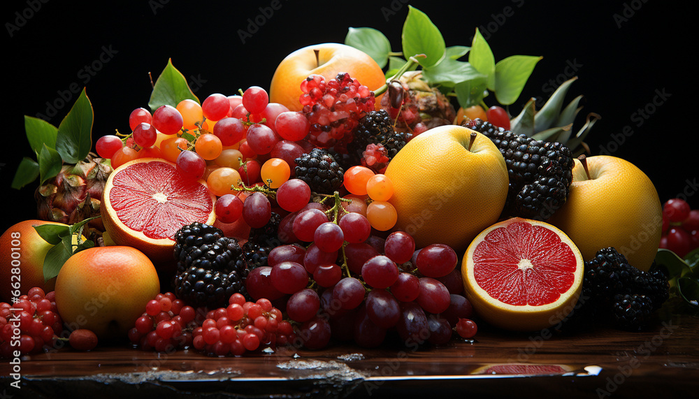 Freshness of nature bounty  grape, orange, apple, lemon, raspberry, strawberry generated by AI