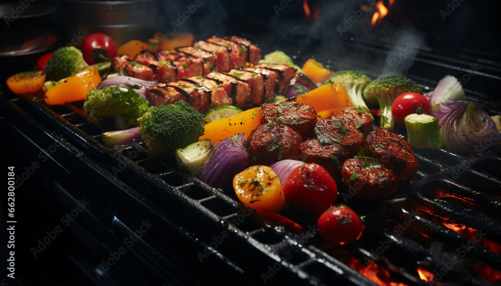 Grilled meat and vegetables on a barbecue, a perfect summer lunch generated by AI