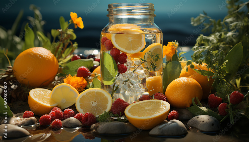 Freshness of nature citrus fruit on a wooden table, refreshing drink generated by AI