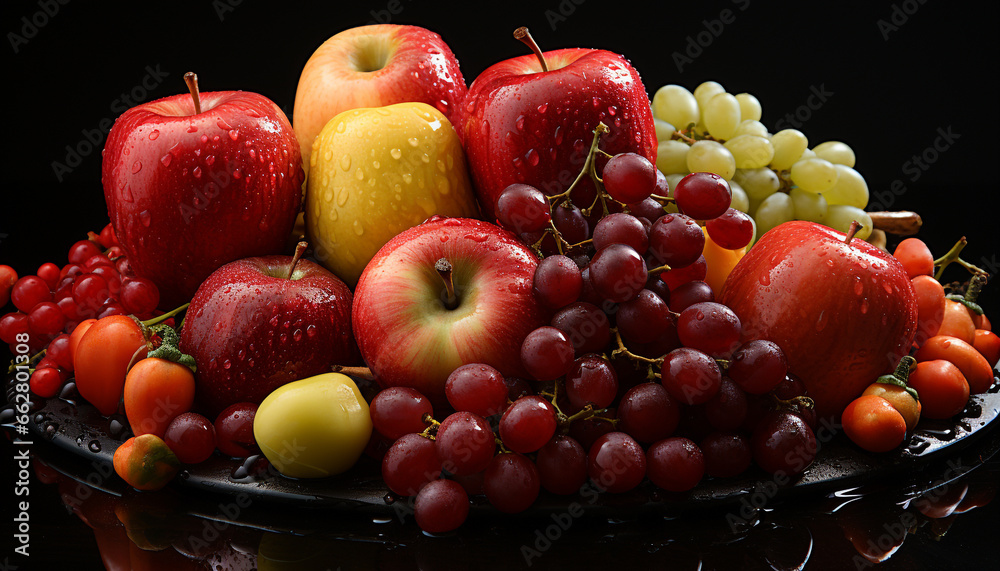 Freshness of nature bounty  apple, grape, tomato, leaf, strawberry, vegetable generated by AI