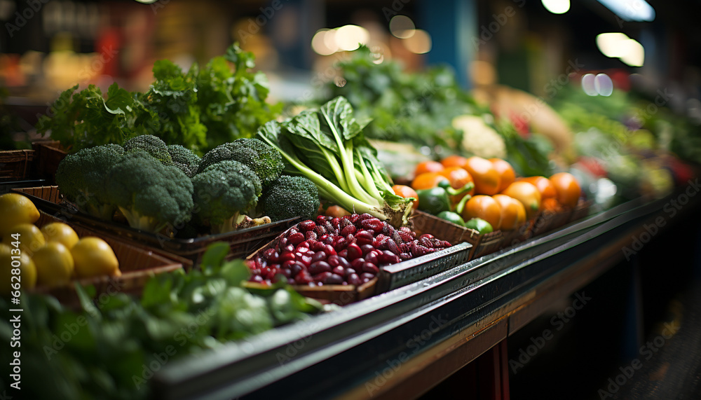 Freshness and variety of organic vegetables in a supermarket healthy aisle generated by AI