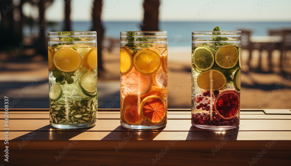 Refreshing summer cocktail on a wooden table with citrus fruits generated by AI