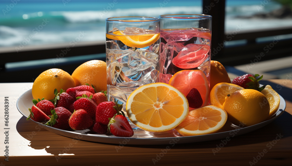 Freshness of summer  fruit, lemon, orange, strawberry, healthy eating generated by AI