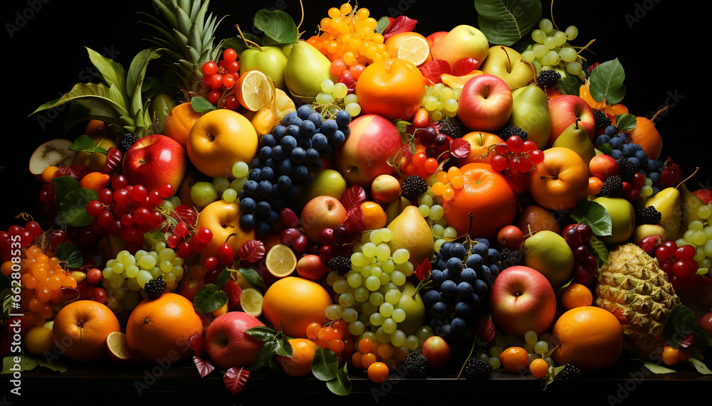 Freshness of nature bounty  grape, fruit, tomato, apple, vegetable, strawberry, citrus, lime, pineapple, banana generated by AI