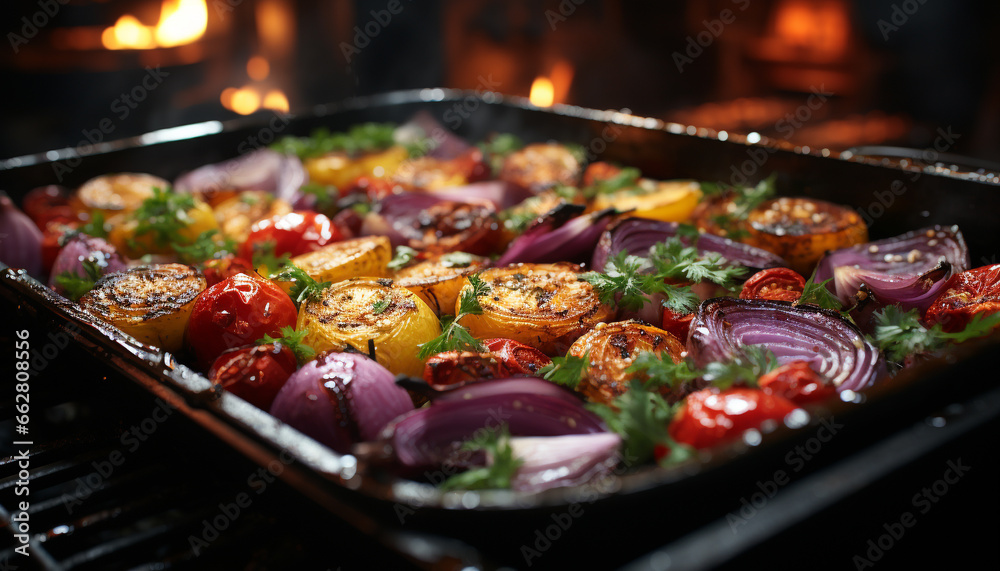 Grilled vegetable skewers on a hot barbecue, a healthy meal generated by AI