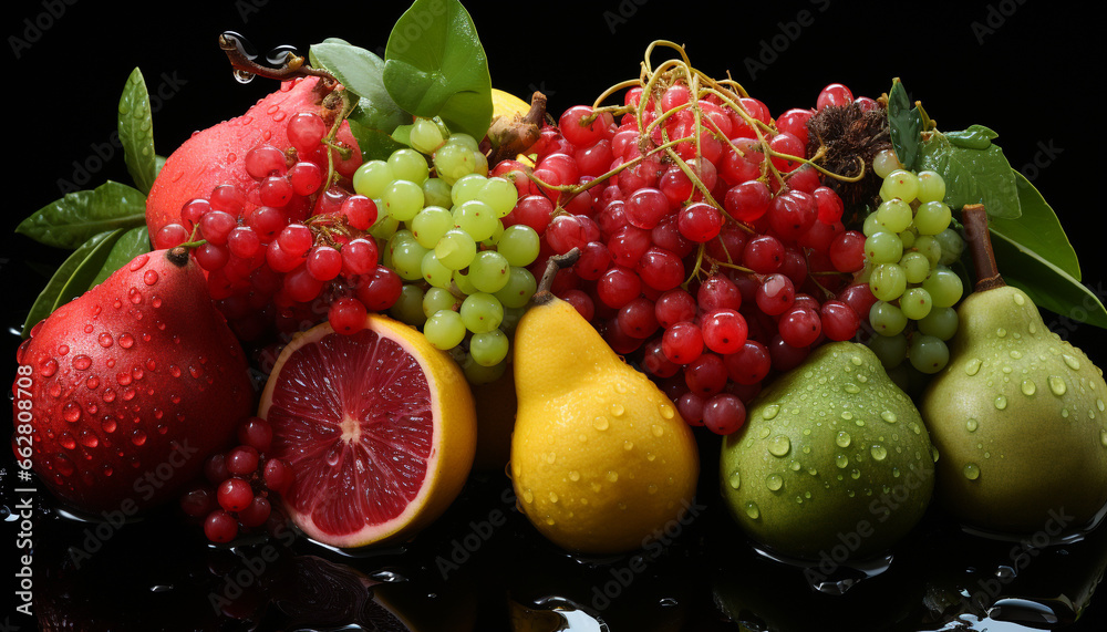 Freshness of nature bounty  grape, lemon, orange, apple, strawberry, raspberry generated by AI