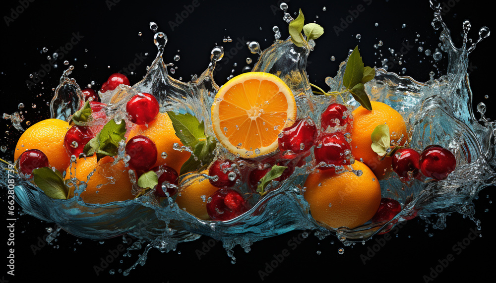 Juicy citrus slice falling, splashing in transparent, refreshing flowing water generated by AI