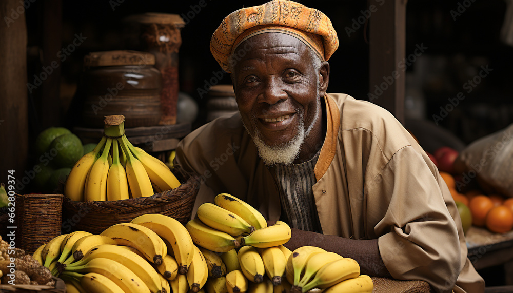 A smiling man selling fresh organic fruits at a market generated by AI