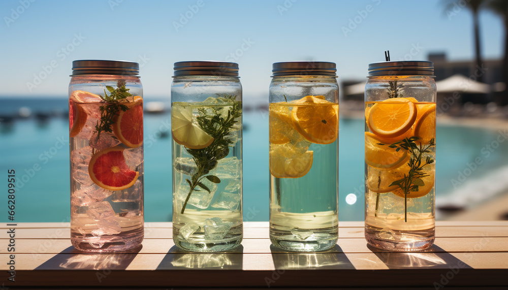 Refreshing summer cocktail on a wooden table, nature healthy relaxation generated by AI