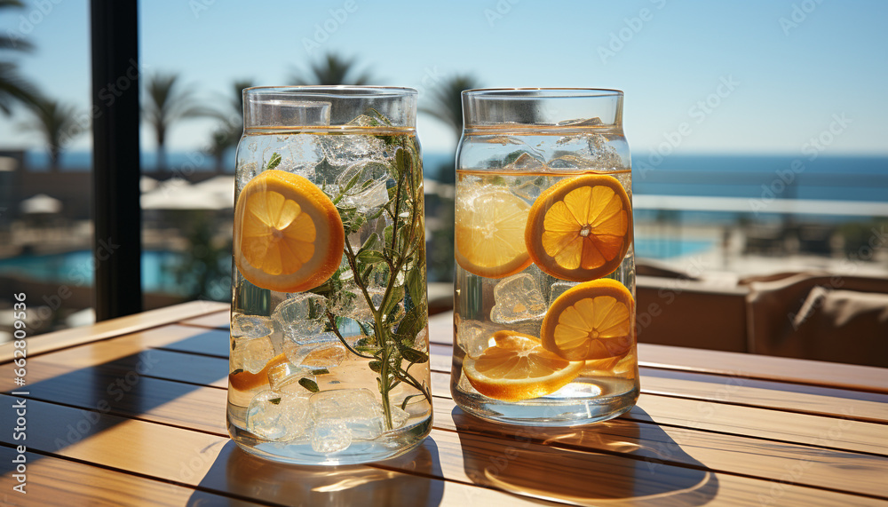 Refreshing summer cocktail on a wooden table, nature healthy relaxation generated by AI