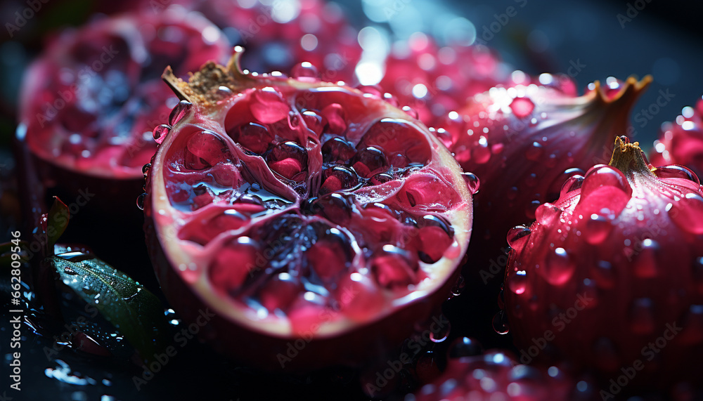 Freshness and sweetness in a juicy, ripe pomegranate slice generated by AI