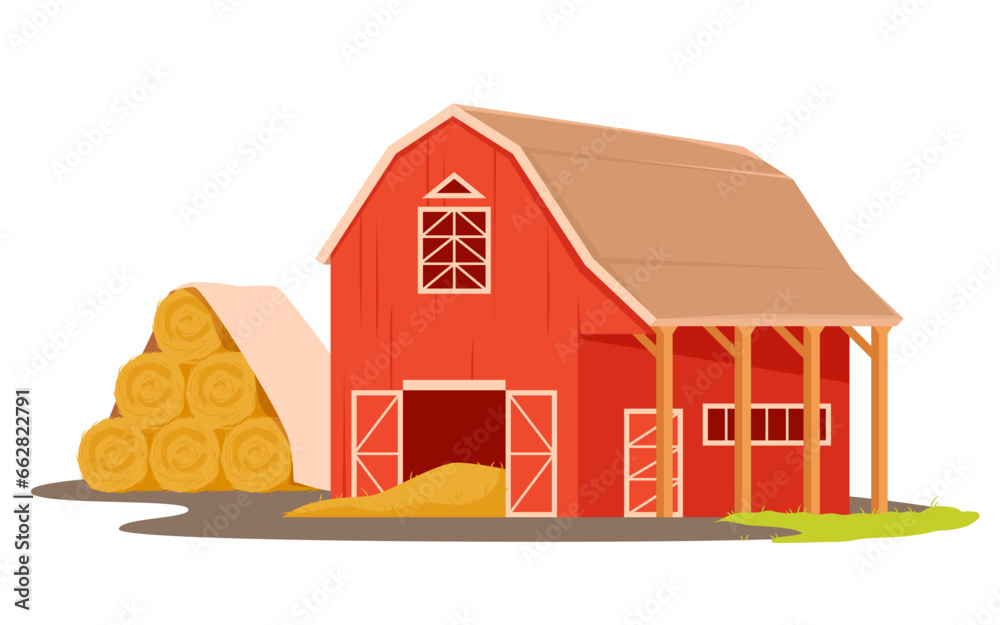 Red farm barn with hay bales vector illustration. Cartoon isolated wooden house for storage of straw pile and yellow haystacks from agriculture field, village warehouse with yard, old farmhouse