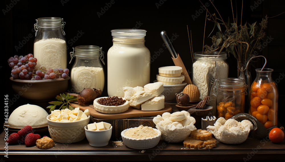 Freshness and nature on a rustic table, healthy eating variation generated by AI