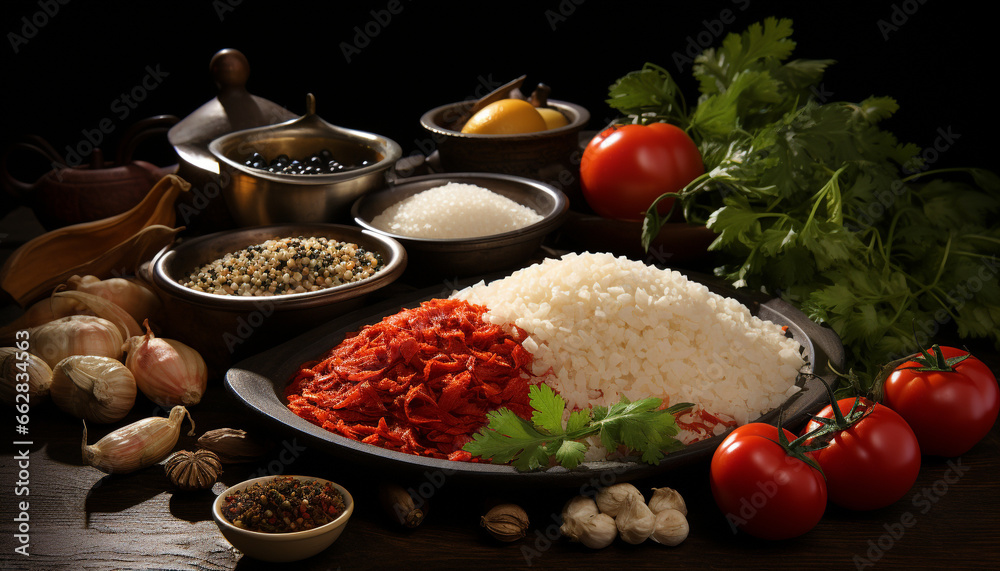 Fresh, healthy vegetable salad with rice, tomato, and cilantro generated by AI