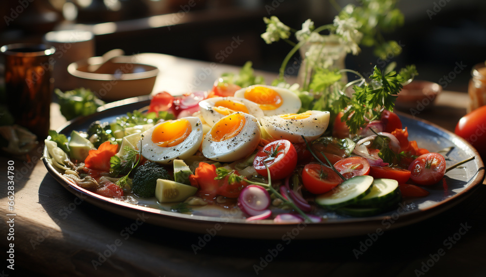 Freshness on plate  healthy salad, gourmet vegetarian meal, cooked seafood generated by AI